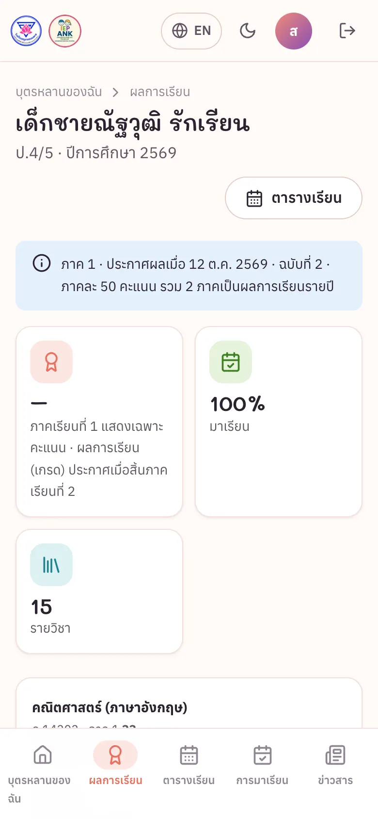 ผลการเรียนหลังประกาศผล (ภาคเรียนที่ 1 แสดงคะแนน · เกรดประกาศเมื่อสิ้นภาคเรียนที่ 2)